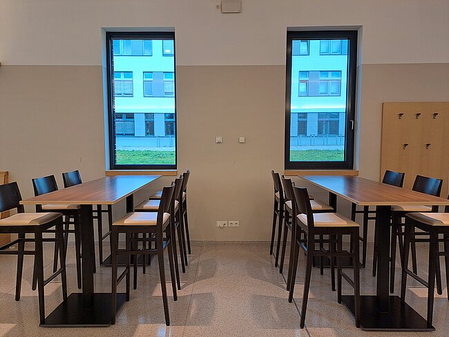 Ein Raum mit zwei langen Tischen und je vier Stühlen an jeder Seite. Die Tische sind vor zwei großen Fenstern platziert, die einen Blick auf ein Gebäude und Grünflächen ermöglichen. Die Wände sind hell und schlicht, mit einigen Steckdosen und Lichtschaltern.