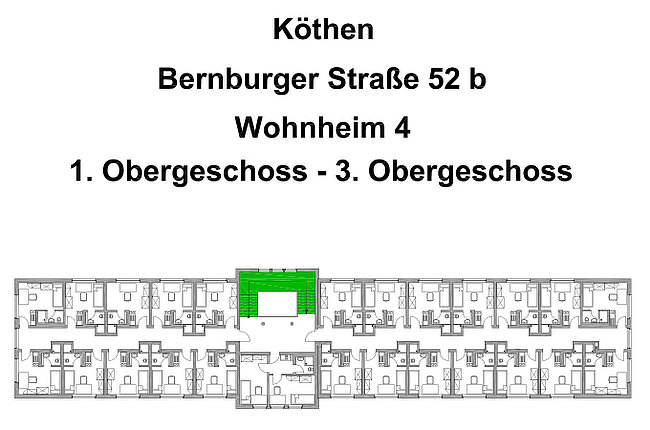 "Grundriss eines Wohnheims in Köthen, Bernburger Straße 52 b, Wohnheim 4. Dargestellt sind die Stockwerke 1. Obergeschoss bis 3. Obergeschoss. Ein Raum im 2. Obergeschoss ist grün markiert."