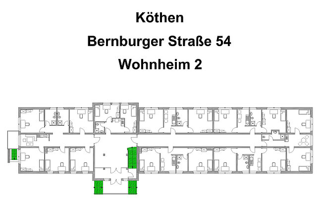 "Grundriss von Wohnheim 2 in Köthen, Bernburger Straße 54. Der Plan zeigt die Anordnung der Zimmer, Flure, Treppenhäuser und Gemeinschaftsräume. Die Treppenhäuser sind grün markiert. Der Grundriss ist in zwei Etagen unterteilt."