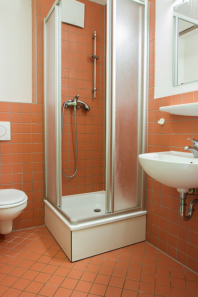 Ein Badezimmer mit orangefarbenen Fliesen, einer Duschkabine mit Glaswänden, einem Waschbecken mit Spiegel und einem Toilettensitz. Die Duschkabine hat eine Handbrause und einen Duschkopf. Der Boden ist ebenfalls mit orangefarbenen Fliesen bedeckt.
