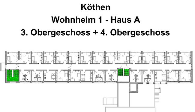 "Grundriss von Wohnheim 1 - Haus A in Köthen. Dargestellt sind die 3. und 4. Etage mit Zimmern, Bädern, Gemeinschaftsräumen und Treppenhäusern. Grüne Flächen kennzeichnen spezielle Bereiche wie Treppenhäuser oder technische Räume."