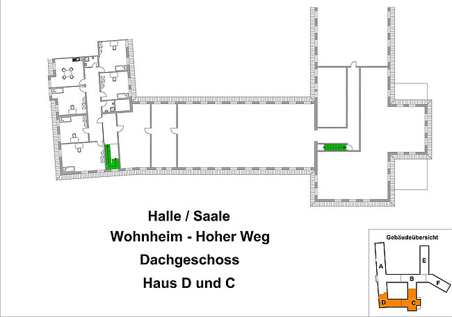 "Grundriss des Dachgeschosses der Häuser D und C im Wohnheim Hoher Weg. Dargestellt sind die Halle/Saale und weitere Räume. Ein kleiner Übersichtsplan zeigt die Lage der Gebäude A bis E."