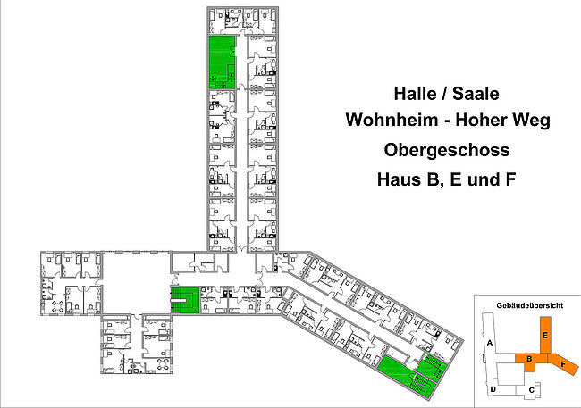 "Grundriss des Wohnheims Hoher Weg, Obergeschoss, Häuser B, E und F. Dargestellt sind die Hallen und Säle. Ein Gebäudeübersichtsplan zeigt die Lage der Häuser A bis F. Grün markierte Bereiche kennzeichnen spezifische Räumlichkeiten."