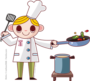 Symbolbild Koch; Bild: notkoo2008 - fotolia.com/Adobe Stock Ein lächelnder Koch mit weißer Mütze und Kochkleidung hält in einer Hand eine Bratpfanne mit Gemüse und in der anderen einen Pfannenwender. Neben ihm steht ein Topf auf einem kleinen Herd.