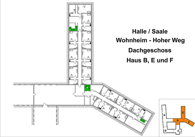 "Grundriss eines Wohnheims mit den Häusern B, E und F. Dargestellt ist das Dachgeschoss mit Hallen und Sälen. Grün markierte Bereiche zeigen spezifische Räume oder Bereiche. Ein kleiner Übersichtsplan unten rechts zeigt die Lage der Häuser A bis F."