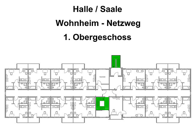 "Grundriss des 1. Obergeschosses des Wohnheims Netzweg in Halle/Saale. Dargestellt sind die Zimmer und Gemeinschaftsbereiche. Zwei Bereiche sind grün markiert, möglicherweise als Highlights oder besondere Räume."