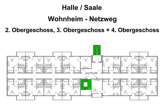 "Grundriss eines Wohnheims mit drei Stockwerken. Gezeigt werden der zweite, dritte und vierte Obergeschoss. Grüne Flächen markieren Gemeinschaftsräume wie Halle und Saale. Jedes Stockwerk enthält mehrere Zimmer und Sanitäranlagen."