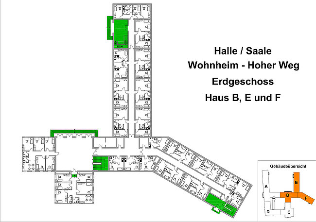 "Grundriss des Erdgeschosses des Wohnheims 'Hoher Weg'. Dargestellt sind die Häuser B, E und F mit Hallen/Sälen in grün. Ein kleiner Übersichtsplan zeigt die Lage der Gebäude A bis F. Der Plan ist in deutscher Sprache beschriftet."
