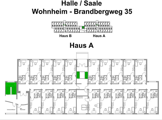 Grundriss des Wohnheims Halle/Saale, Brandbergweg 35. Haus A mit mehreren Zimmern, Gemeinschaftsräumen und Sanitäranlagen. Haus B ist oberhalb von Haus A dargestellt. Die Zimmer sind in Reihen angeordnet, mit zentralen Fluren und Treppenhäusern.