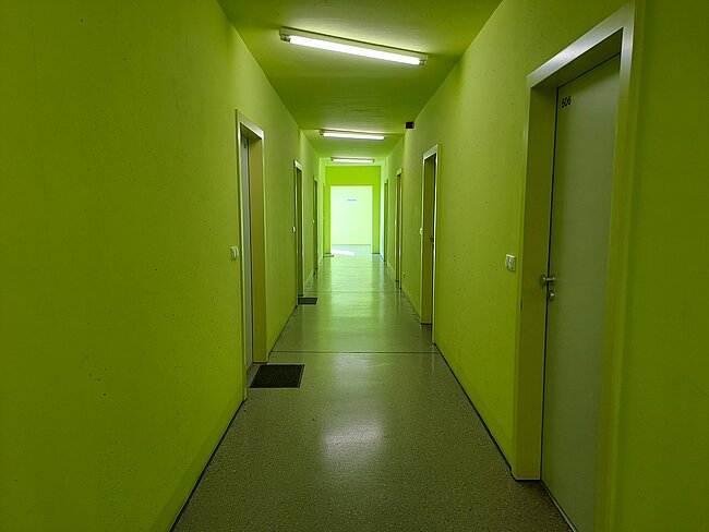 Ein langer, grün gestrichener Flur mit mehreren Türen auf beiden Seiten. Das Licht ist hell und die Wände und der Boden sind sauber. Am Ende des Flurs befindet sich eine weitere Tür, die Tageslicht hereinlässt.