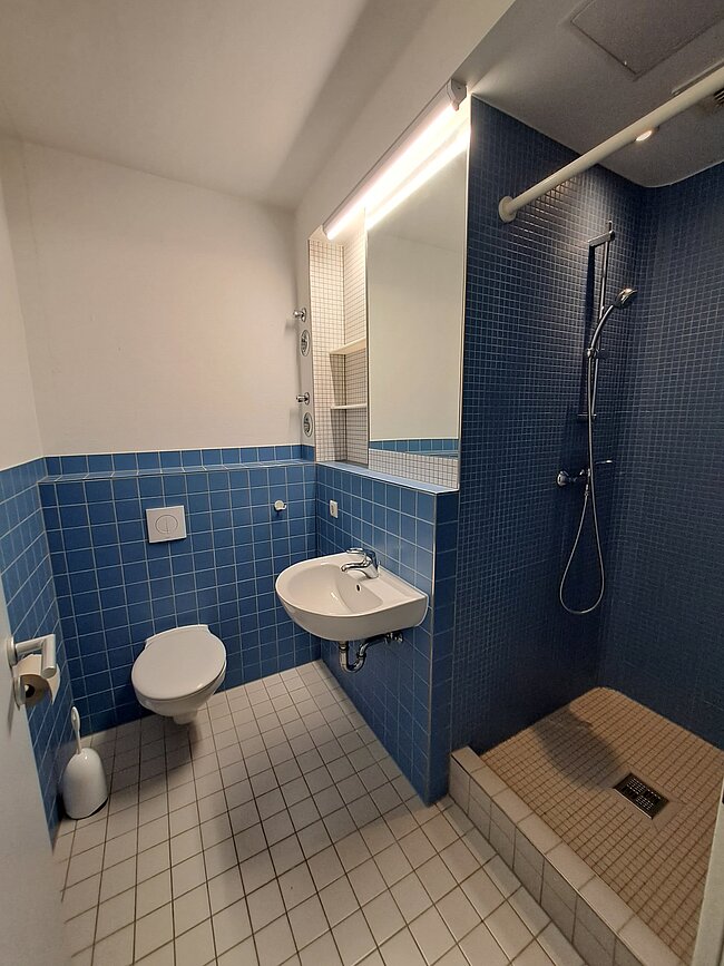 Ein modernes Badezimmer mit blau gekachelten Wänden bis zur halben Höhe. Es gibt ein weißes WC, ein Waschbecken mit Unterschrank und eine Dusche mit einer durchsichtigen Tür. Der Boden ist mit hellen Fliesen bedeckt. Ein großer Spiegel mit Beleuchtung ist über dem Waschbecken angebracht.