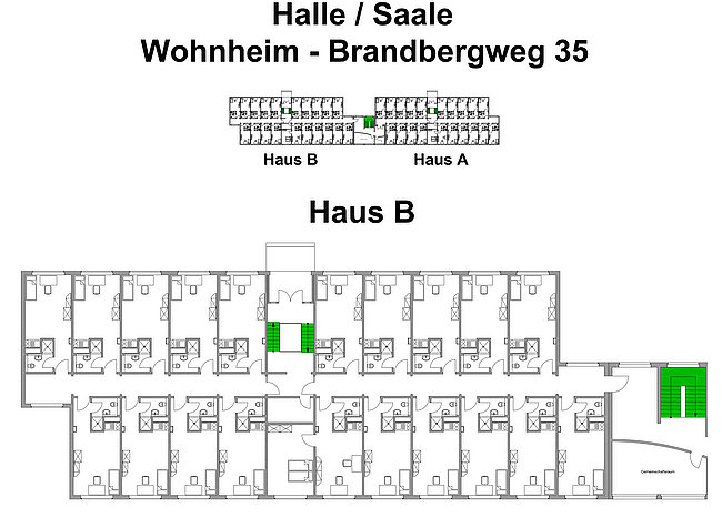 "Grundriss des Wohnheims Halle/Saale, Brandbergweg 35, Haus B. Der Plan zeigt die Anordnung der Zimmer, Bäder, Gemeinschaftsräume und Flure. Grün markierte Bereiche sind Gemeinschaftsräume oder Sanitäranlagen. Haus A ist oberhalb von Haus B dargestellt."