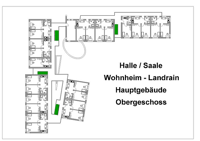 "Grundriss eines Wohnheims mit mehreren Zimmern, Fluren und Gemeinschaftsräumen. Dargestellt sind das Erdgeschoss und Obergeschoss des Hauptgebäudes Landrain. Grün markierte Bereiche könnten Gemeinschaftsräume oder Sanitäranlagen sein. Der Plan zeigt die Anordnung der Räume und Zugänge."