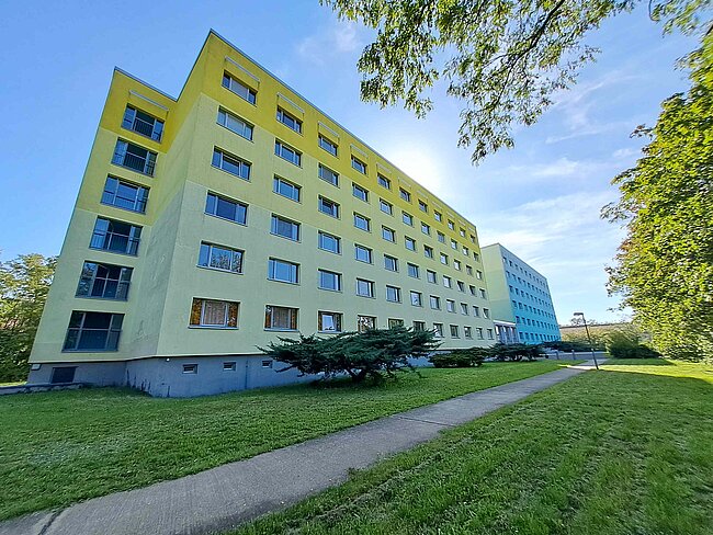 Ein mehrstöckiges, gelbliches Gebäude mit vielen Fenstern steht auf einem grünen Rasen. Der Himmel ist blau mit einigen Wolken. Ein Weg führt direkt zum Gebäude. Bäume und Sträucher umgeben die Anlage.