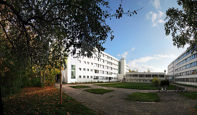 Ein Campus mit modernen Gebäuden, umgeben von Bäumen und einem gepflasterten Weg. Im Vordergrund liegen einige Blätter auf dem Boden. Der Himmel ist klar mit einigen Wolken. Fahrräder sind an einem Ständer abgestellt.