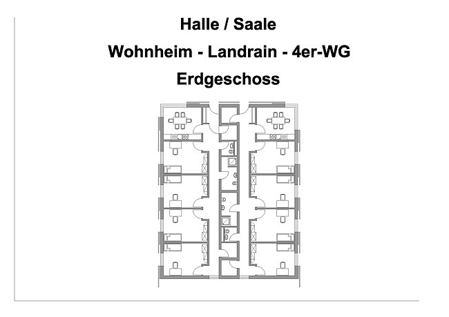 "Grundriss eines Wohnheims (Landrain) mit 4er-WG im Erdgeschoss. Der Plan zeigt die Anordnung von Hallen, Saalen und Wohnräumen. Jede Wohneinheit verfügt über mehrere Zimmer, einen Flur und ein Bad. Die Räume sind symmetrisch um einen zentralen Flur angeordnet."