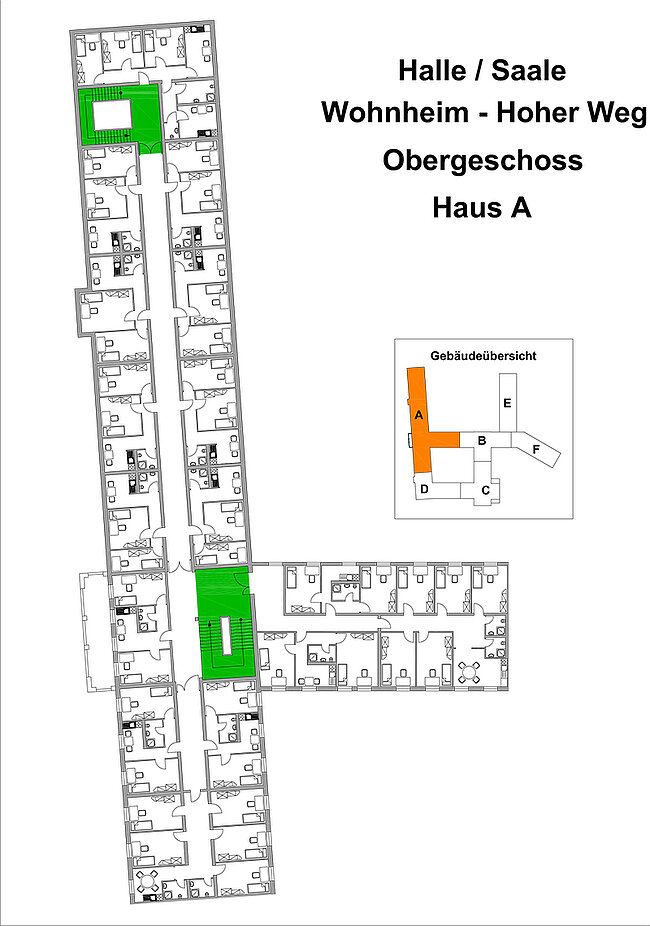 "Grundriss des Wohnheims Hoher Weg, Obergeschoss, Haus A. Gezeigt werden die Lage der Halle/Saale (grün markiert) und ein Gebäudegrundriss mit den Häusern A bis F (orange markiert)."