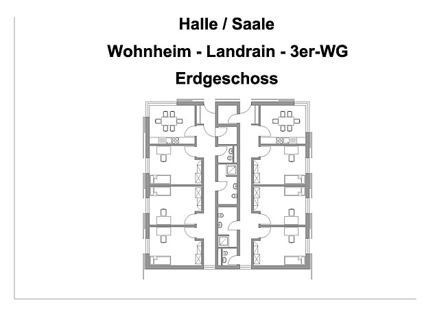"Grundriss eines Wohnheims (Landrain) mit drei Wohngemeinschaften (3er-WG) im Erdgeschoss. Der Plan zeigt die Anordnung von Hallen, Sälen und Wohnräumen. Jede WG hat eigene Räume und gemeinsame Bereiche."