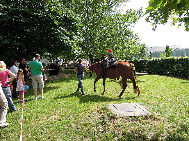 Ein Kind reitet auf einem braunen Pferd, während mehrere Erwachsene und Kinder zuschauen. Die Szene spielt in einem grasbewachsenen Bereich mit Bäumen im Hintergrund. Das Pferd wird von einer Person geführt.